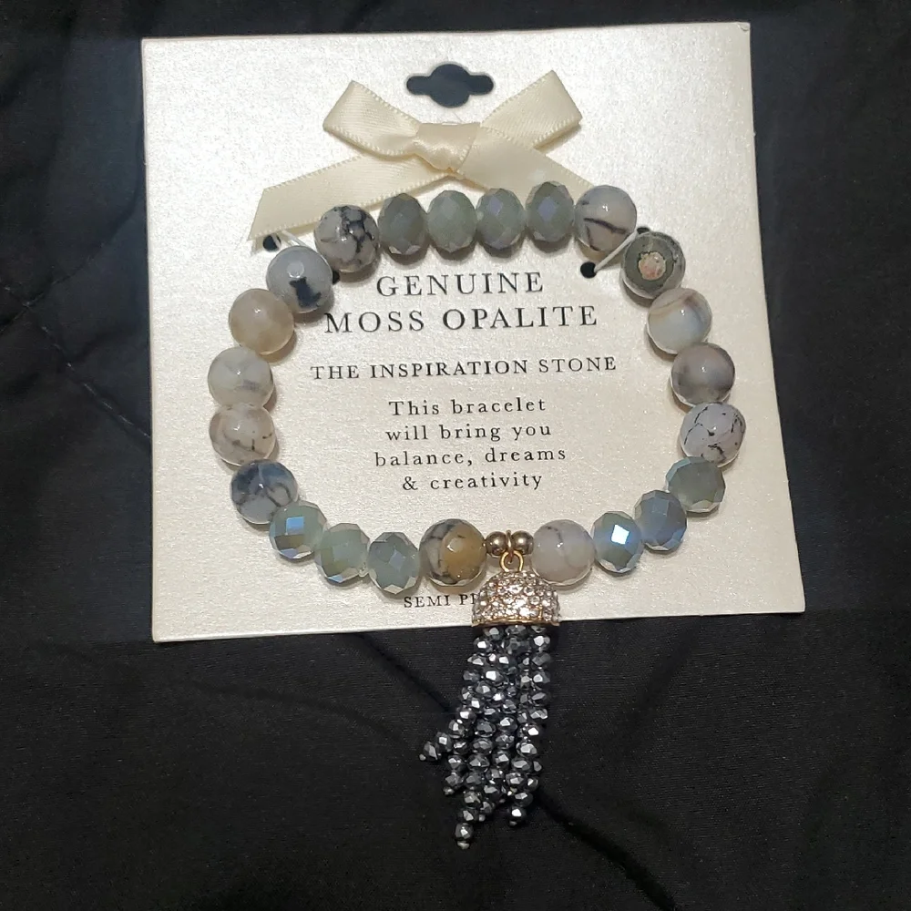 Genuine Moss Opalite Bracelet with Silver Accents - Picture 1 of 5